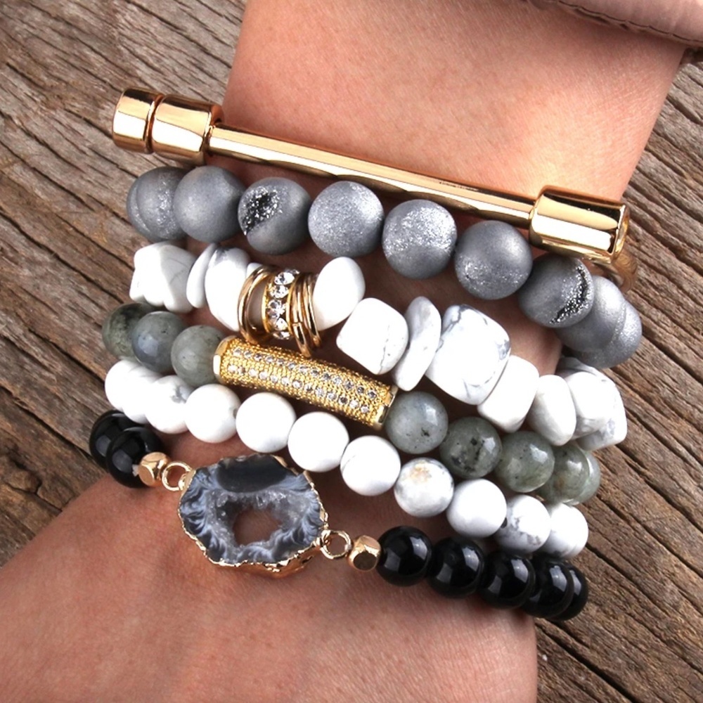 Monochrome Gemstone Bracelet Set – 7.3 Inch Stretch Stack with Geode, Howlite